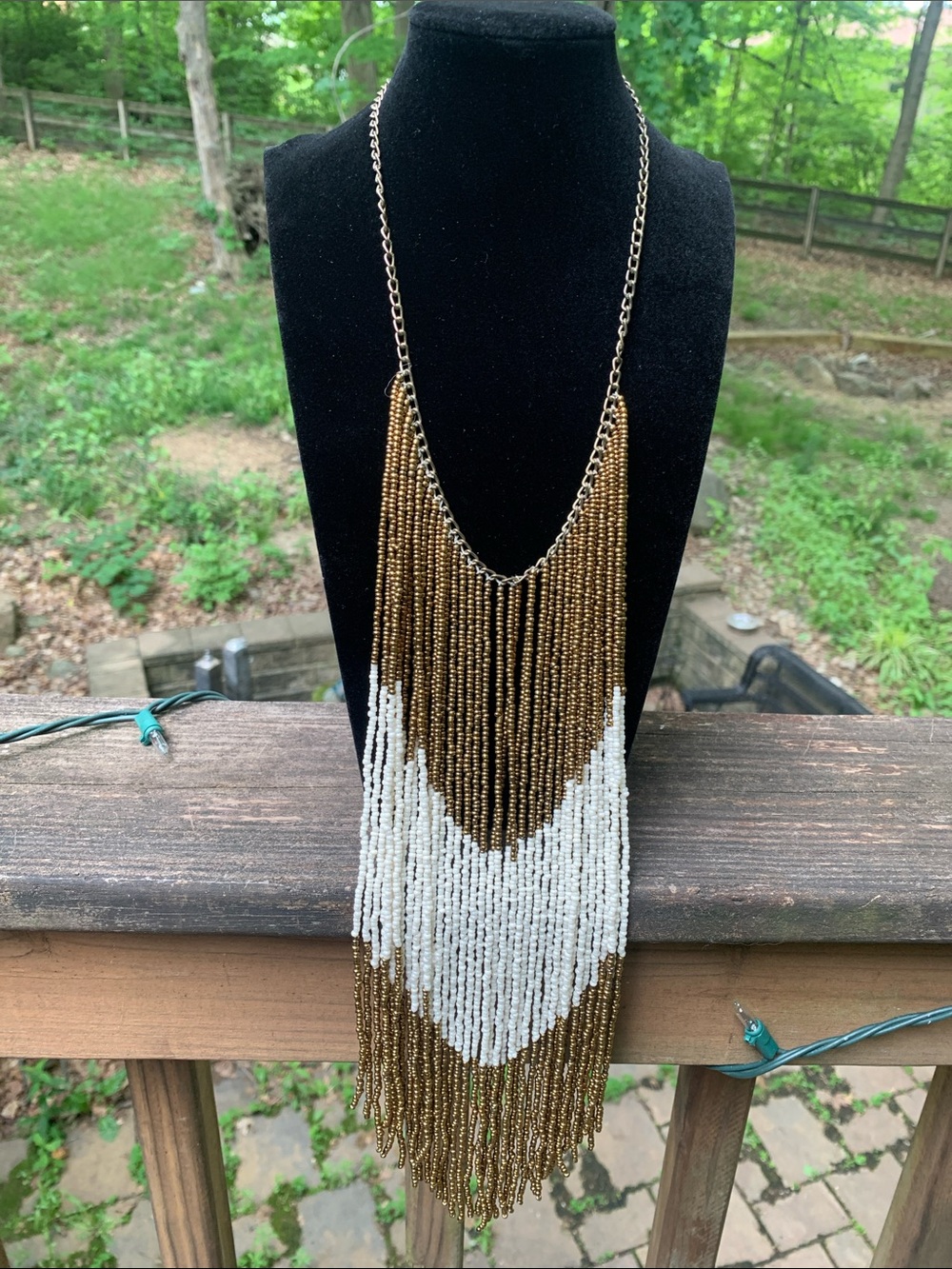 Beaded Fringe Statement Necklace - Gold and White